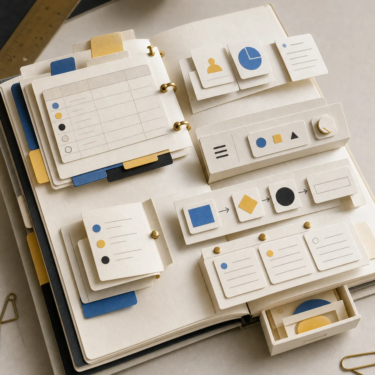 Illustration for Coda: a notebook unfolding into a table-based workflow app