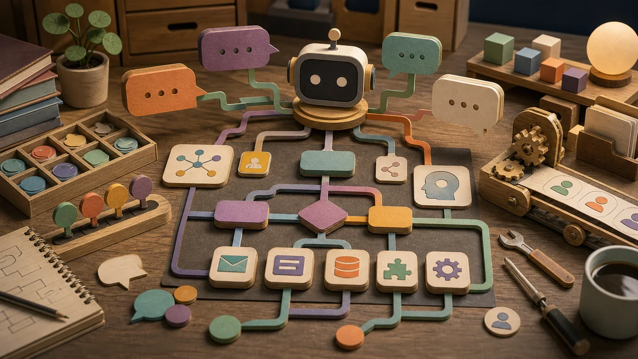Illustration of a Botpress chatbot workshop with connected conversation blocks