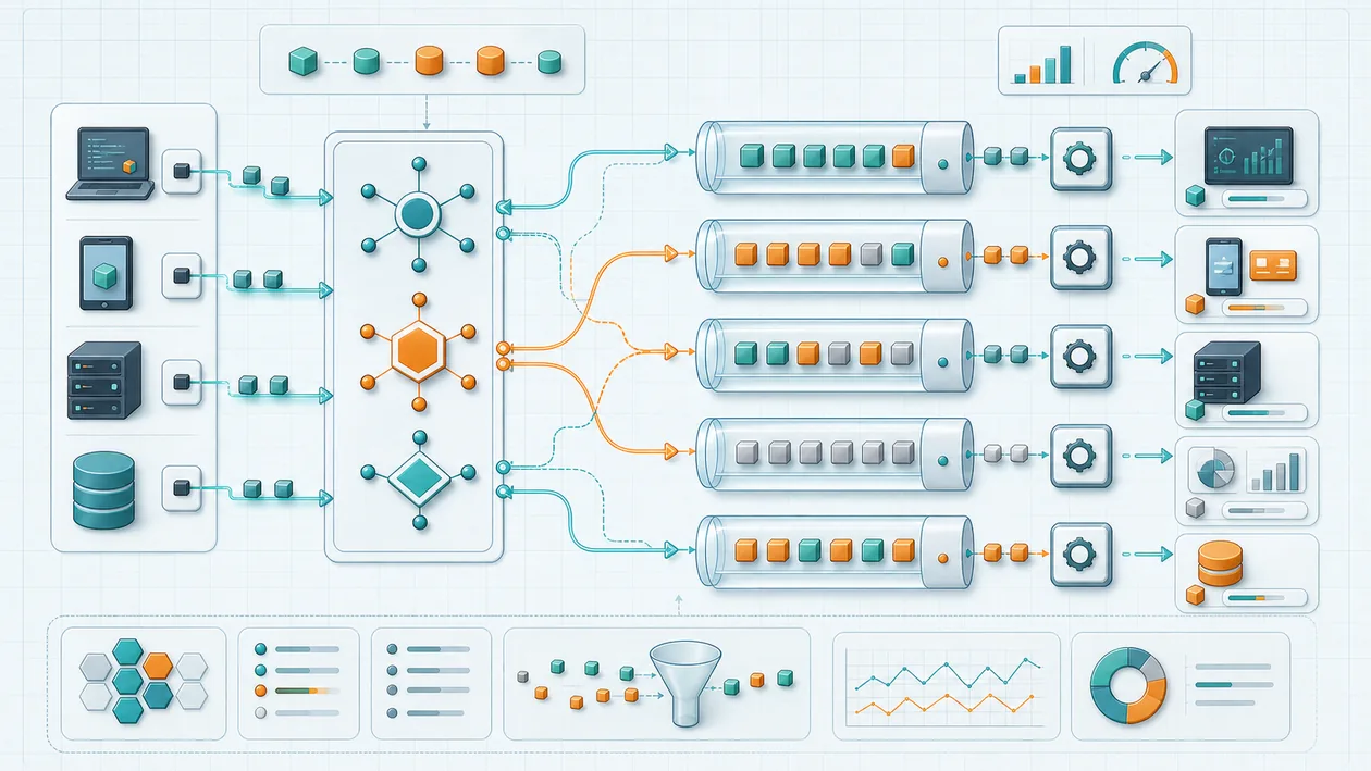 Illustration zu RabbitMQ: Nachrichtenpakete laufen durch Exchanges, Queues und Consumer-Pfade
