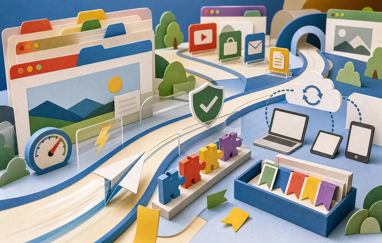 Illustration for Google Chrome: browser cards, extensions, and safe paths organize web work