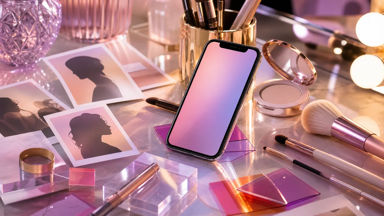 BeautyCam workstation with a smartphone, mirror, light, and colour samples