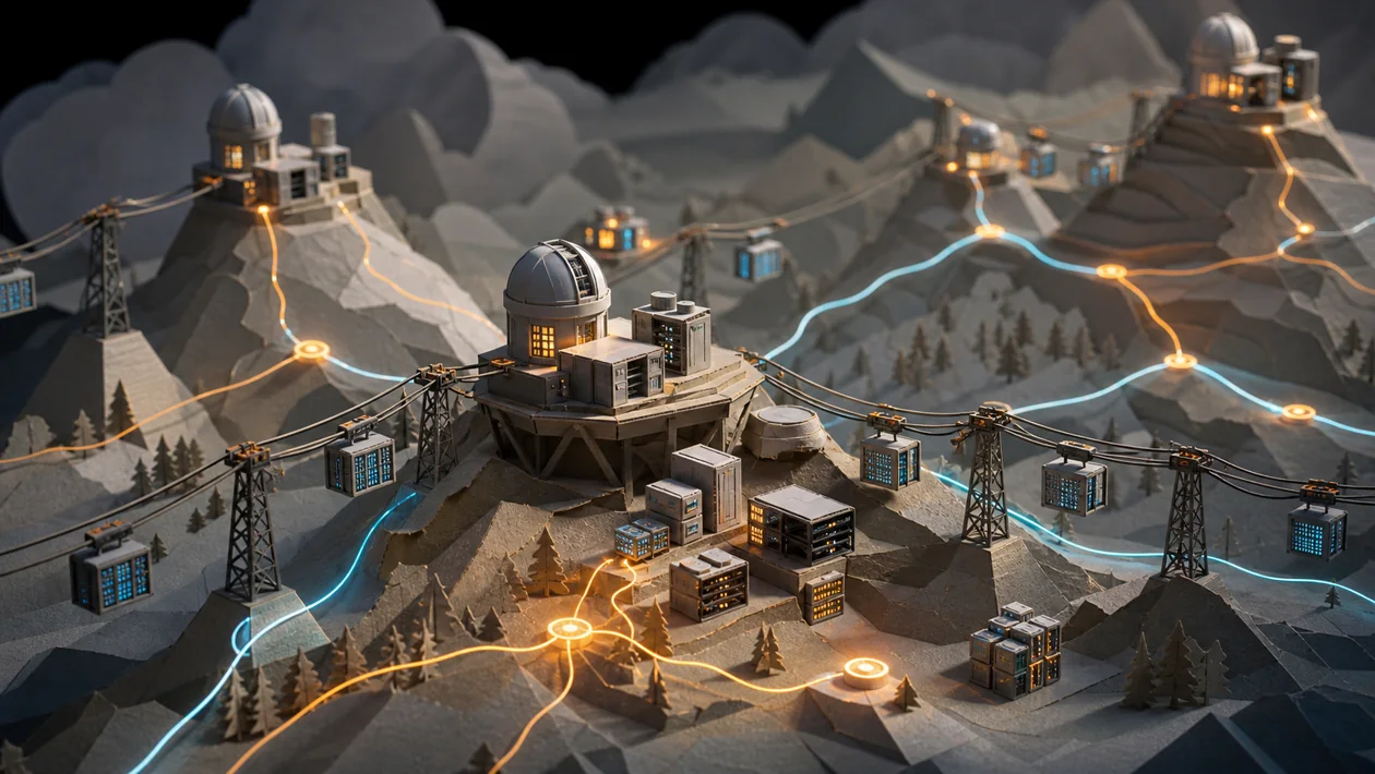 Illustration zu Amazon EMR: Datenhütten, Kabelbahnen und Verarbeitungspfade bilden ein Cluster-Gebirge