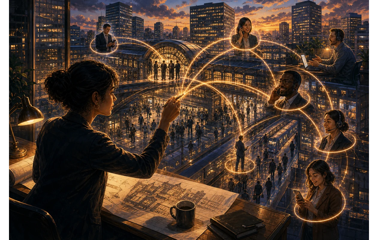 Illustration zu vonage-business-communications: Architect coordinating business communication