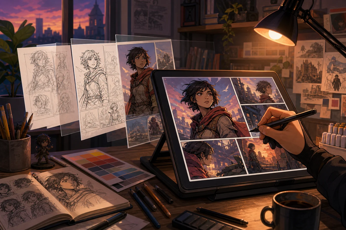 Illustration zu Clip Studio Paint: Comiczeichnung entwickelt sich von Skizzen zu farbigen Panels auf einem Zeichentablet