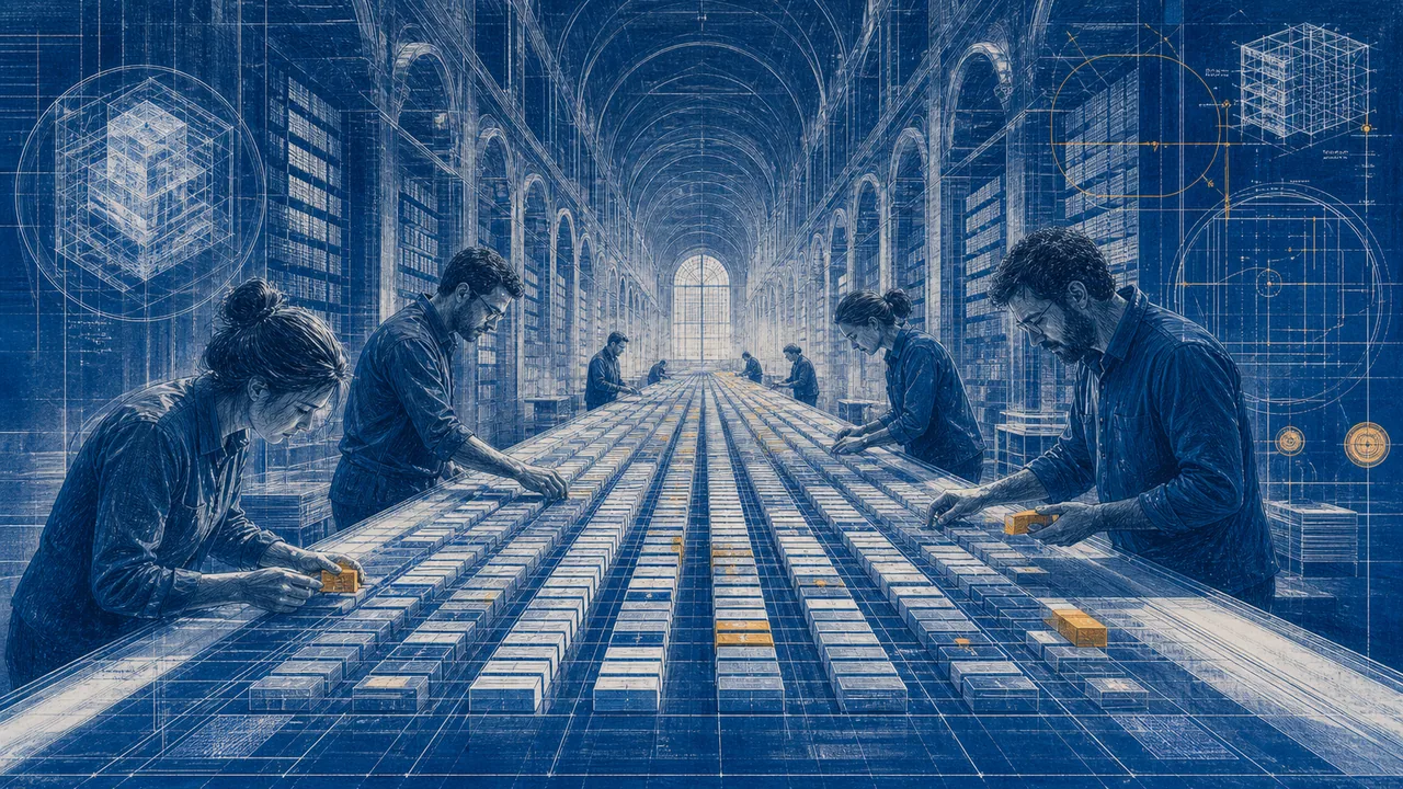 A team plans large data series across an expansive technical table