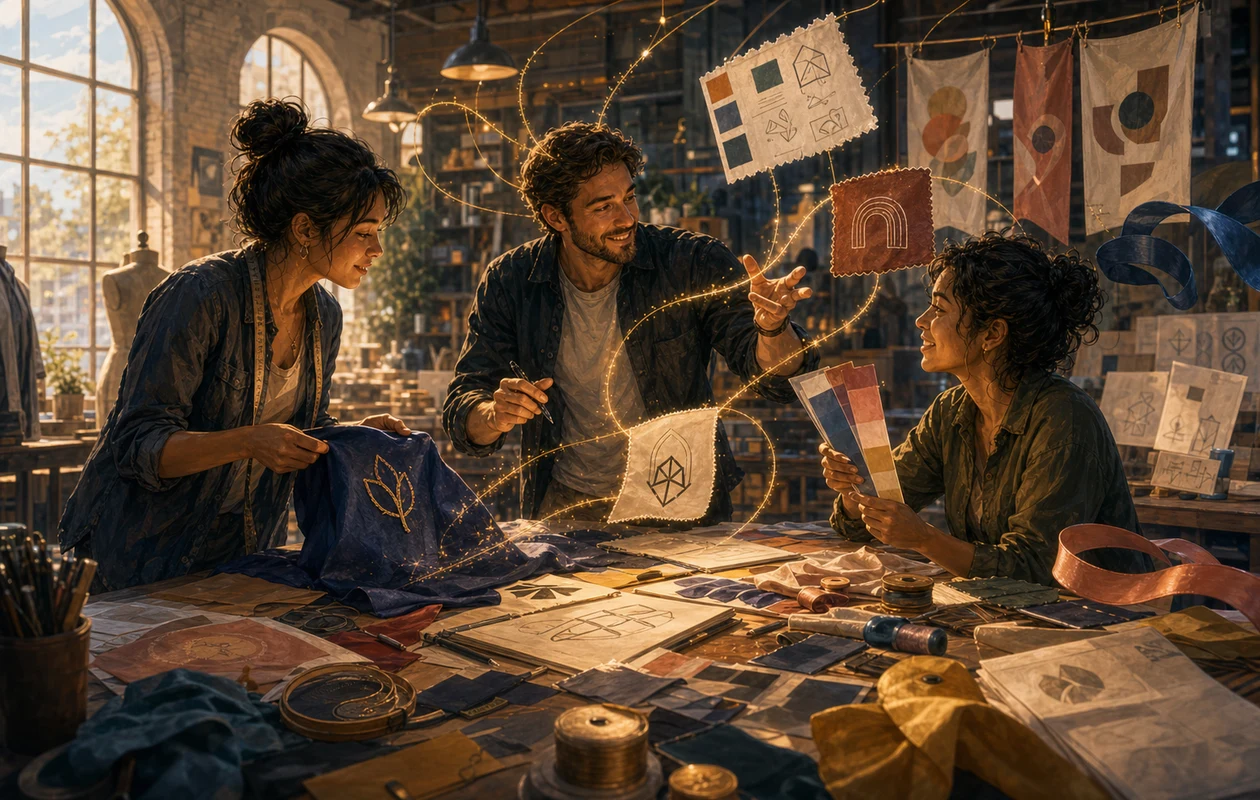 Illustration zu tailor-brands: Markenwerkstatt mit Stoff und Farben