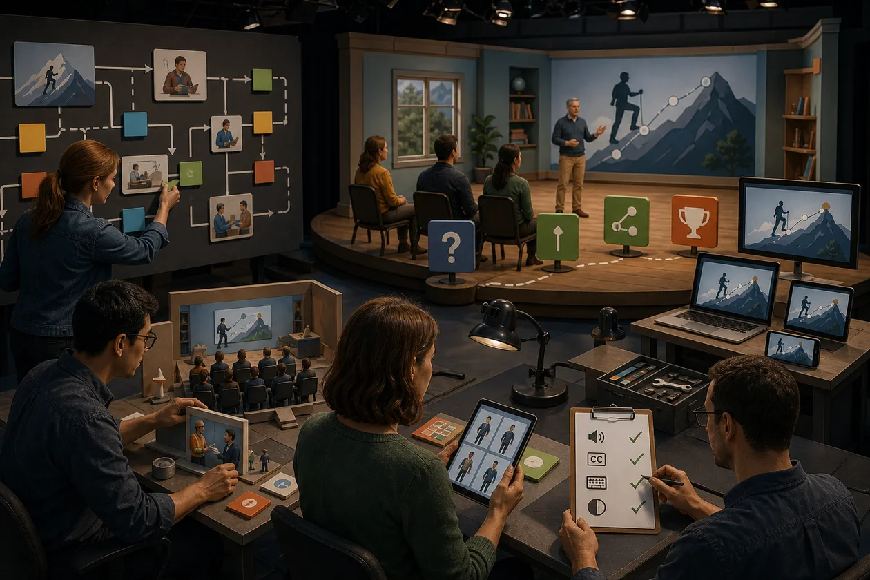 Instructional Designer planen responsive Lernseiten, Simulationen und wiederverwendbare Inhaltsbausteine auf einer Studiobühne