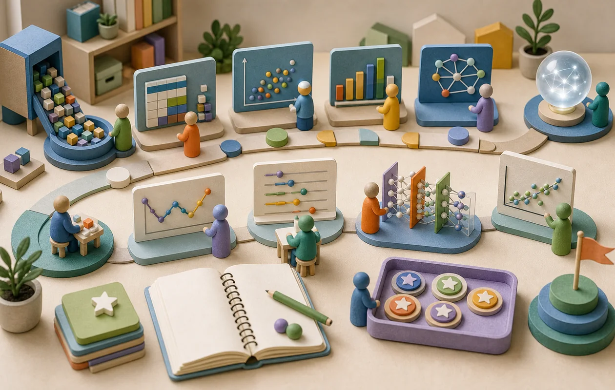 Illustration for Kaggle Learn: practice stations lead from sample data to model insights