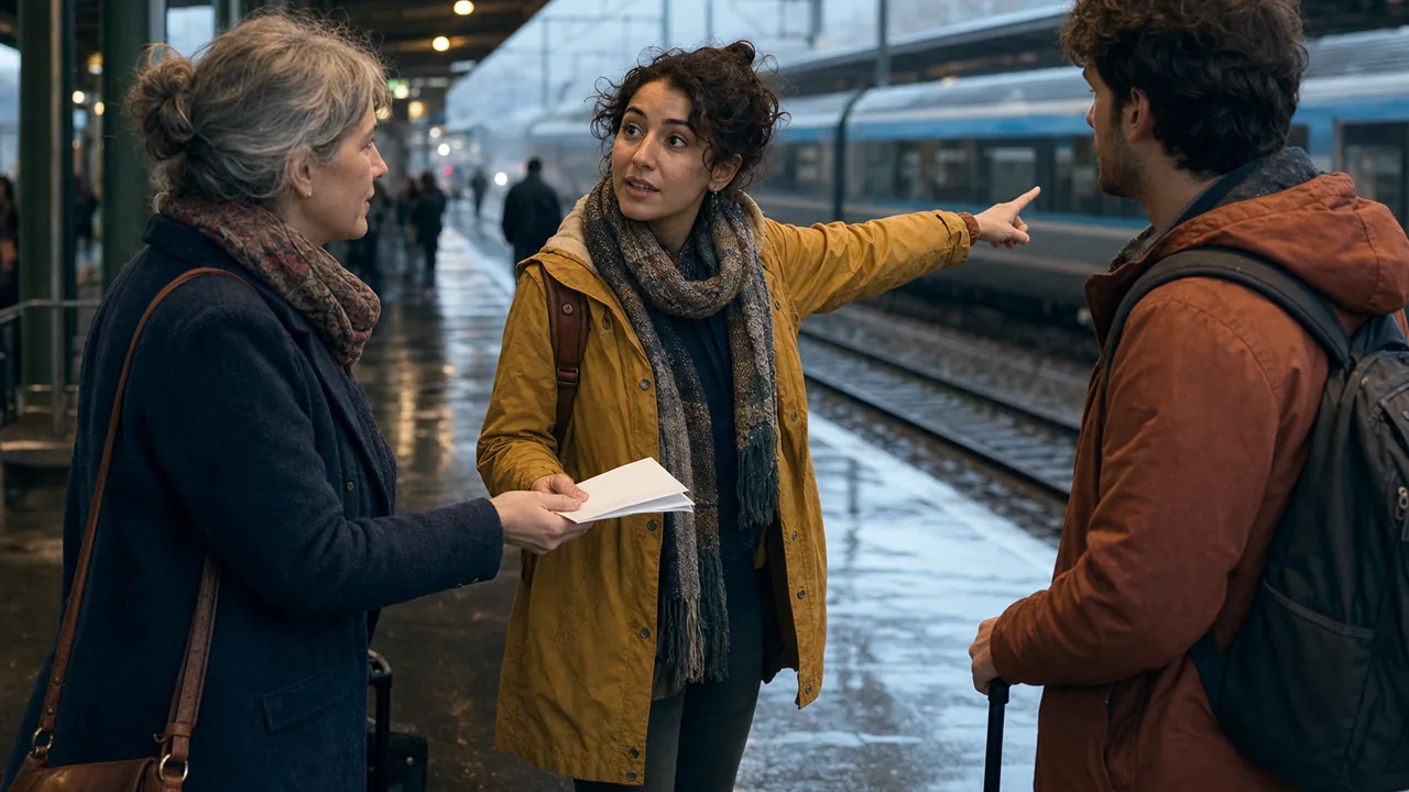 Three travelers clarify a handoff with a translated document at a train platform