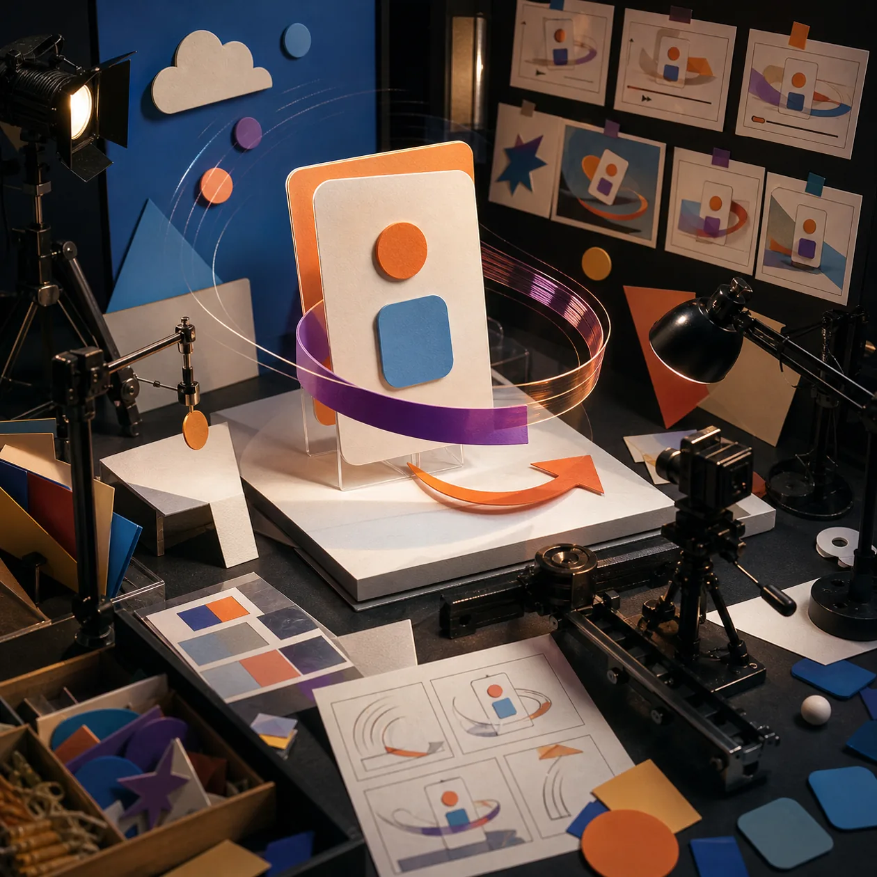 Illustration zu Hera: Motion-Design-Studio mit Miniaturbuehne und bewegten Produktkarten