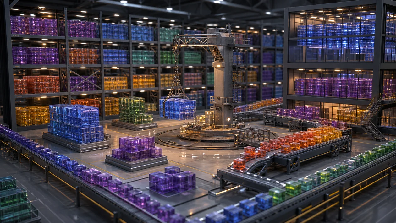 Data cubes move through a digital warehouse for analytical queries