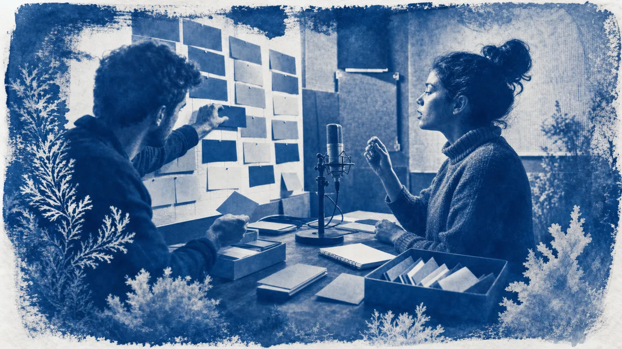 Developers review voice examples beside a microphone