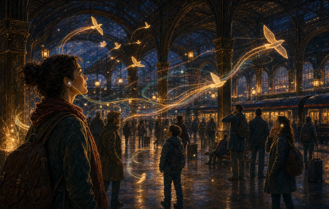 Illustration for Stanza: a station hall routes annotated language fragments along separate light paths