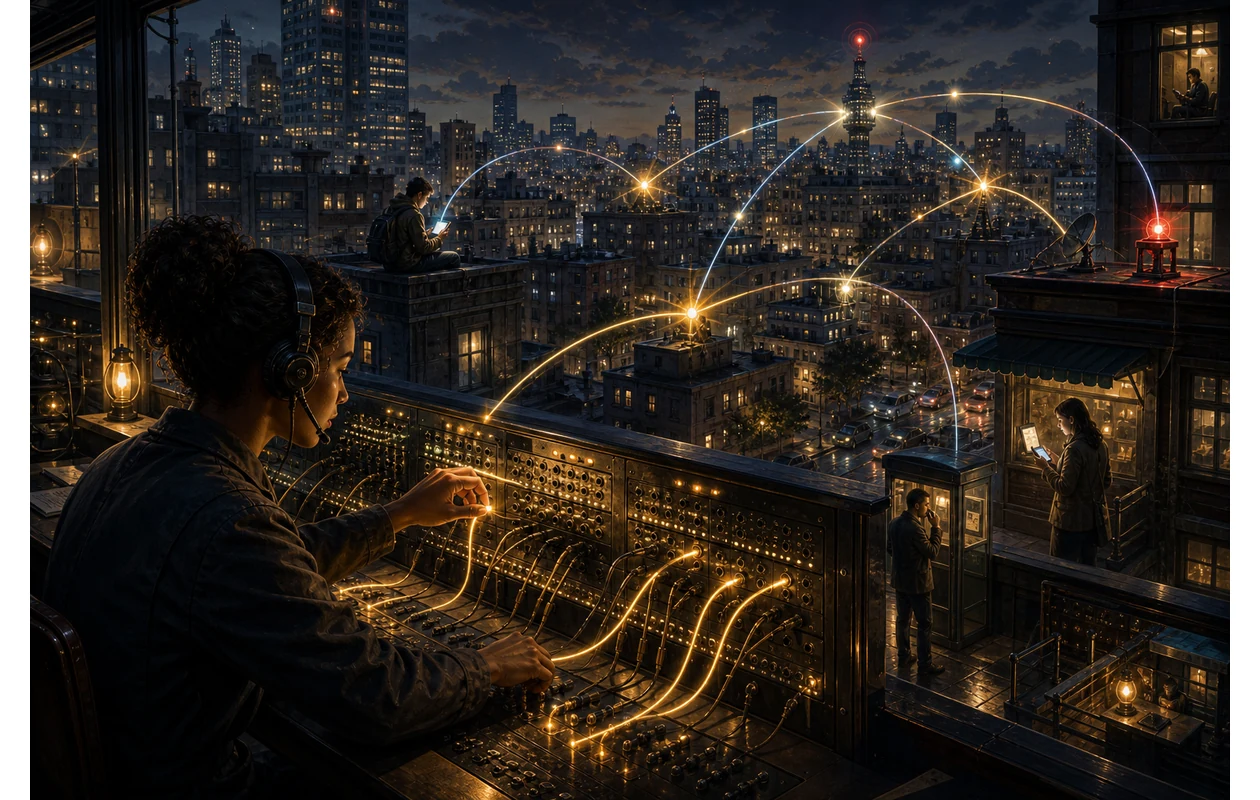 Illustration zu twilio: Ein Ingenieur routet Kommunikation zwischen Menschen und Diensten