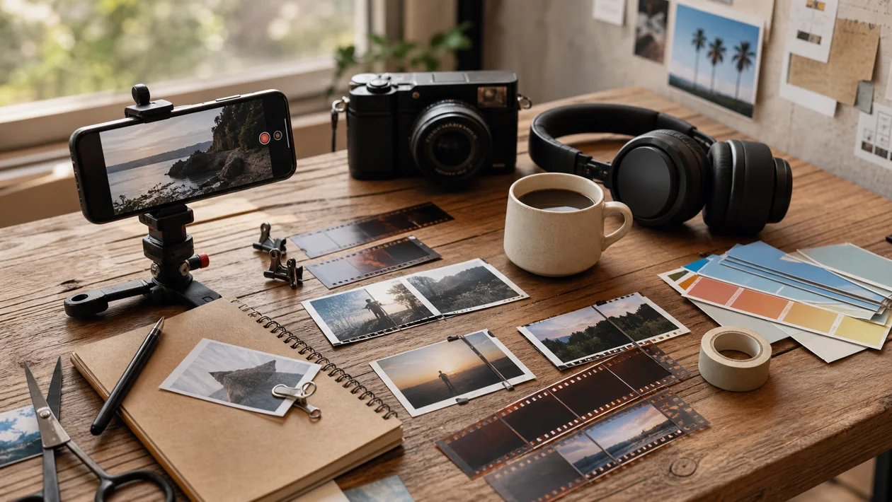 Video clips, a camera, and audio tracks are arranged on a timeline for a quick social clip