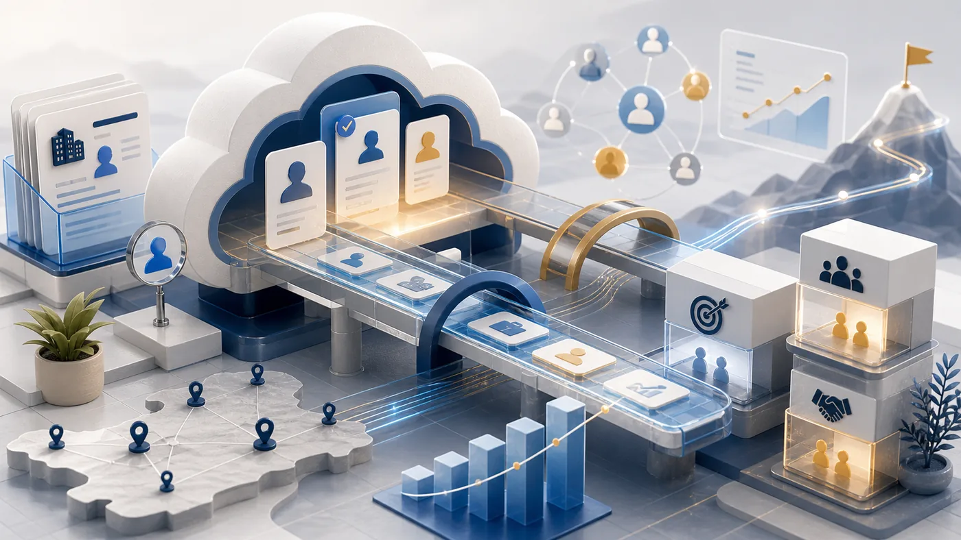 Illustration zu SAP Sales Cloud: eine Enterprise-Vertriebspipeline verbindet Accounts, Forecasts und Handoffs
