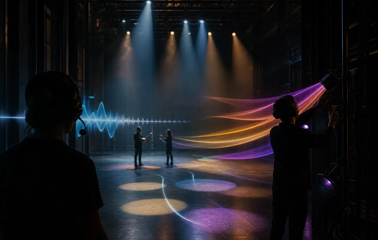 Illustration zu Observe.AI: Sprachwellen werden auf einer Theaterbuehne zu Coaching-Lichtspuren