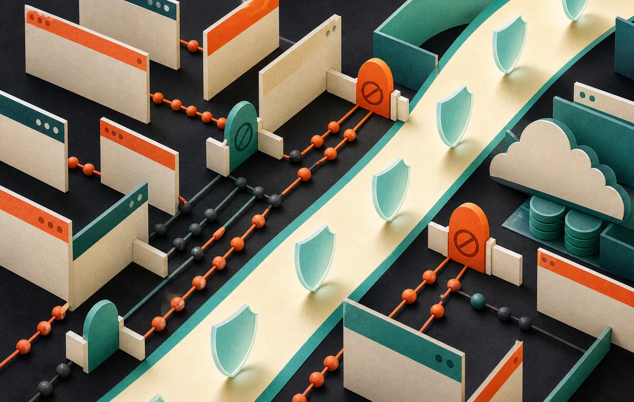 Illustration for Brave: a protected browsing path blocks tracking signals in a paper maze