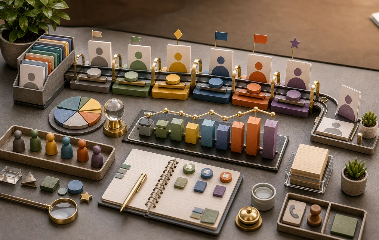 Illustration zu Microsoft Dynamics 365 Sales: redaktionelle Workflow-Szene zu Microsoft Dynamics 365 Sales mit toolbezogenen Arbeitsobjekten