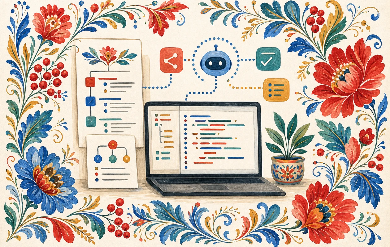 Development workflow connecting a Kiro spec, steering rules, agent changes, hook checks, and human code review