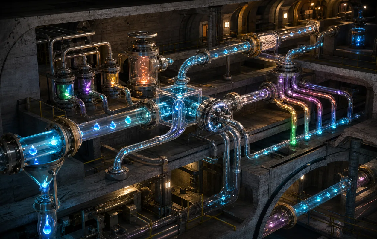 Illustration for Pipedream: events flow through branching automation paths with valves and exits