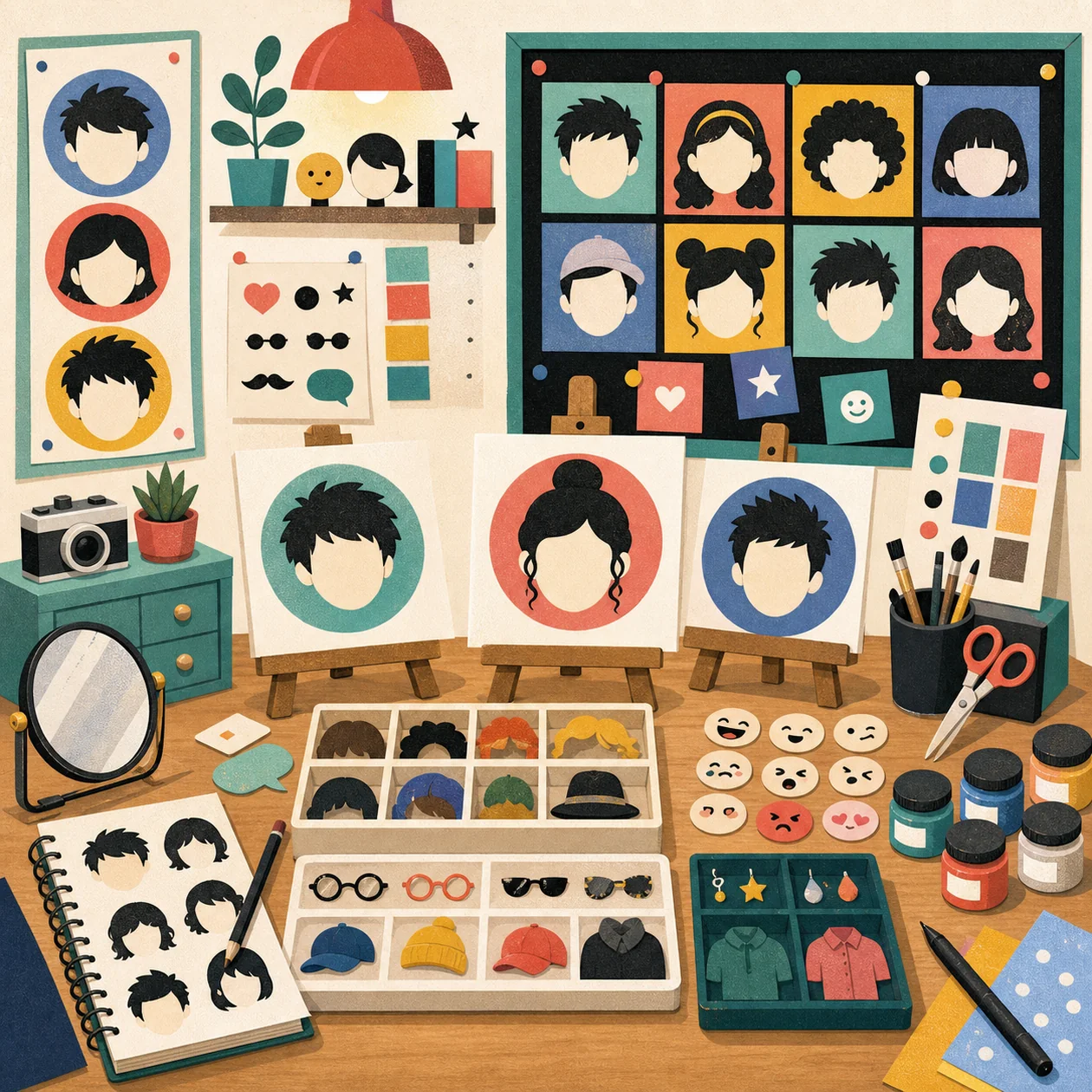Illustration zu FaceQ: Cartoon-Avatar-Atelier mit Vorlagen und Accessoire-Karten