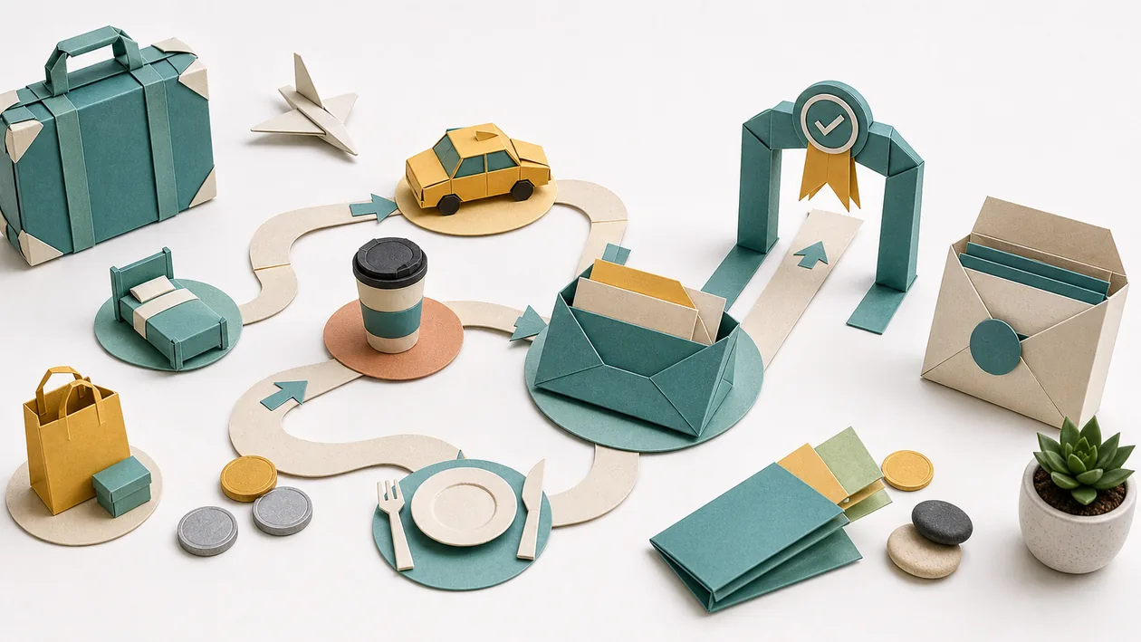 Illustration zu SAP Concur Expense: Origami-Reiseobjekte fuehren vom Koffer ueber Taxi und Cafe zur Freigabe