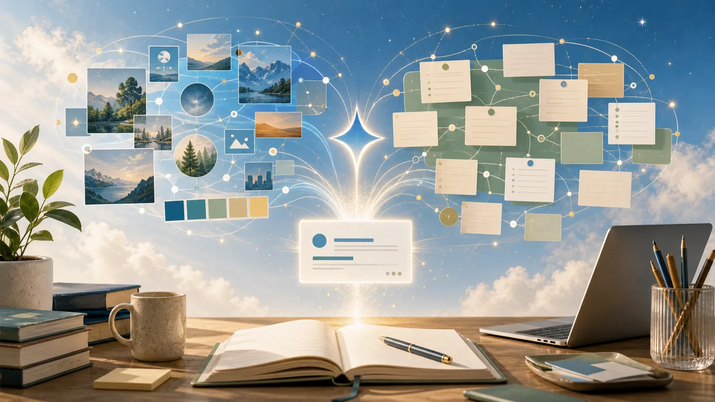 Illustration for Gemini: two assistant constellations organizing context, images and notes