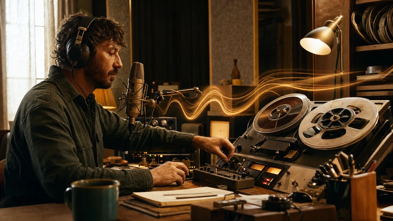 a warm analogue recording studio with a microphone and reel-to-reel tape machine