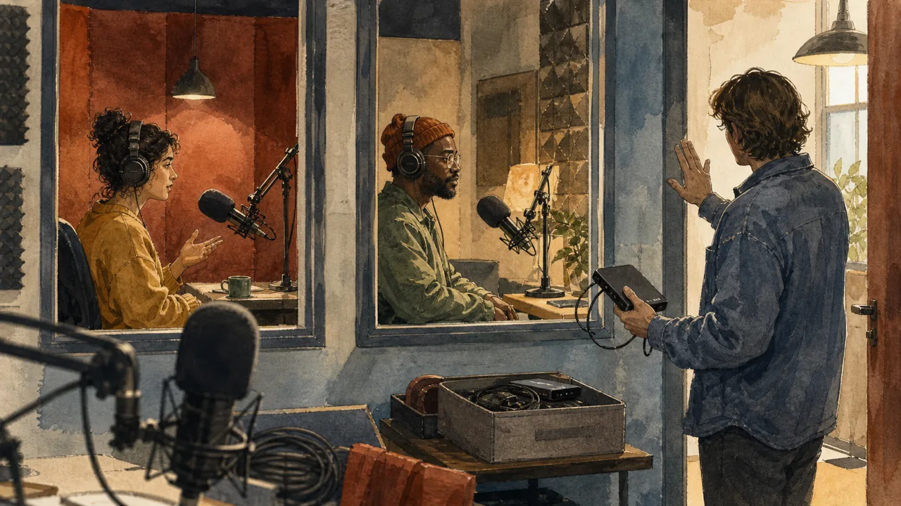 A producer hands off a remote recording for backup
