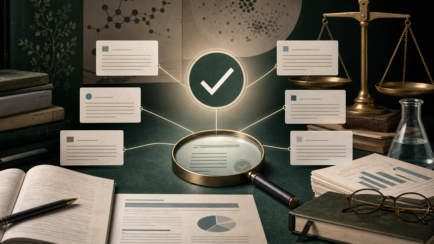 Illustration for Consensus: studies, evidence scale and source cards leading to a reliable answer