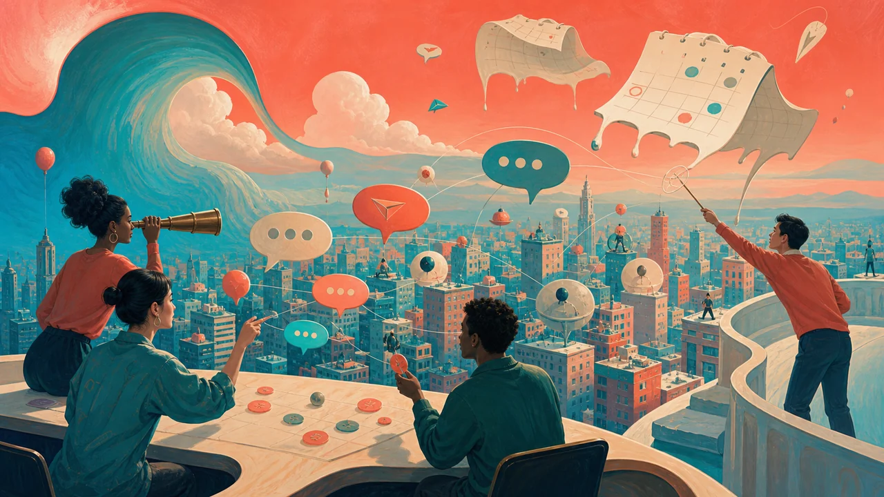 Editorial illustration for Zoho Social: social media team and connected conversations