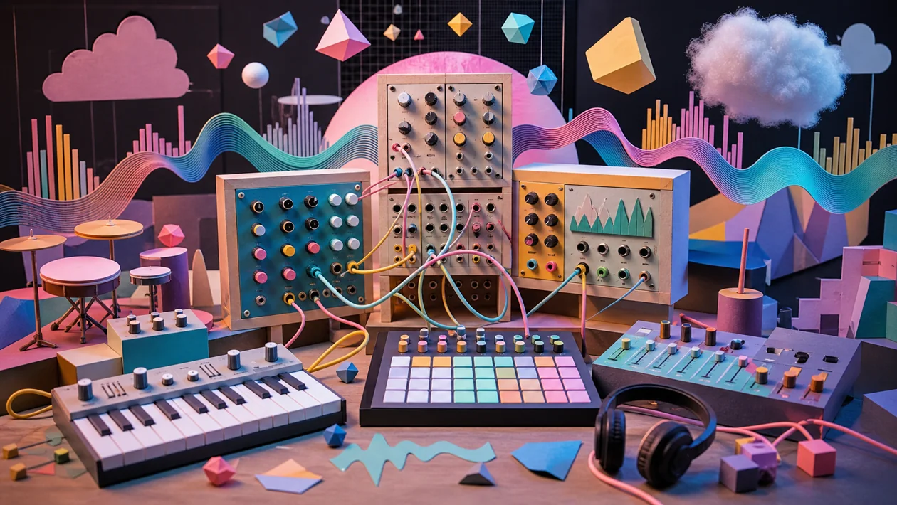 Patch cables, synthesizer modules, and waveforms form an Audiotool browser studio