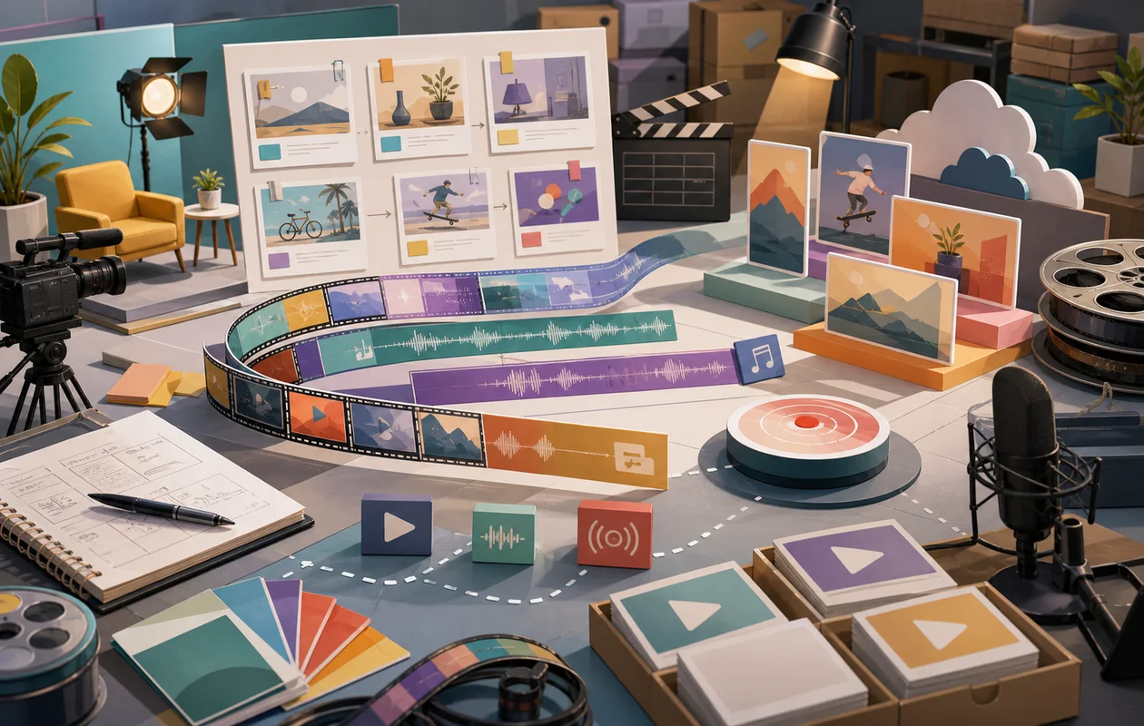 Illustration zu Wave.video: Storyboards, Formate und Streaming-Elemente werden zu Marketingvideos zusammengesetzt