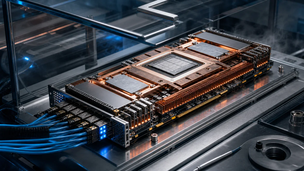 Beschleunigermodul der AMD Instinct MI100 unter Glas mit Kühllamellen, Leiterbahnen und blauem Rechenlicht