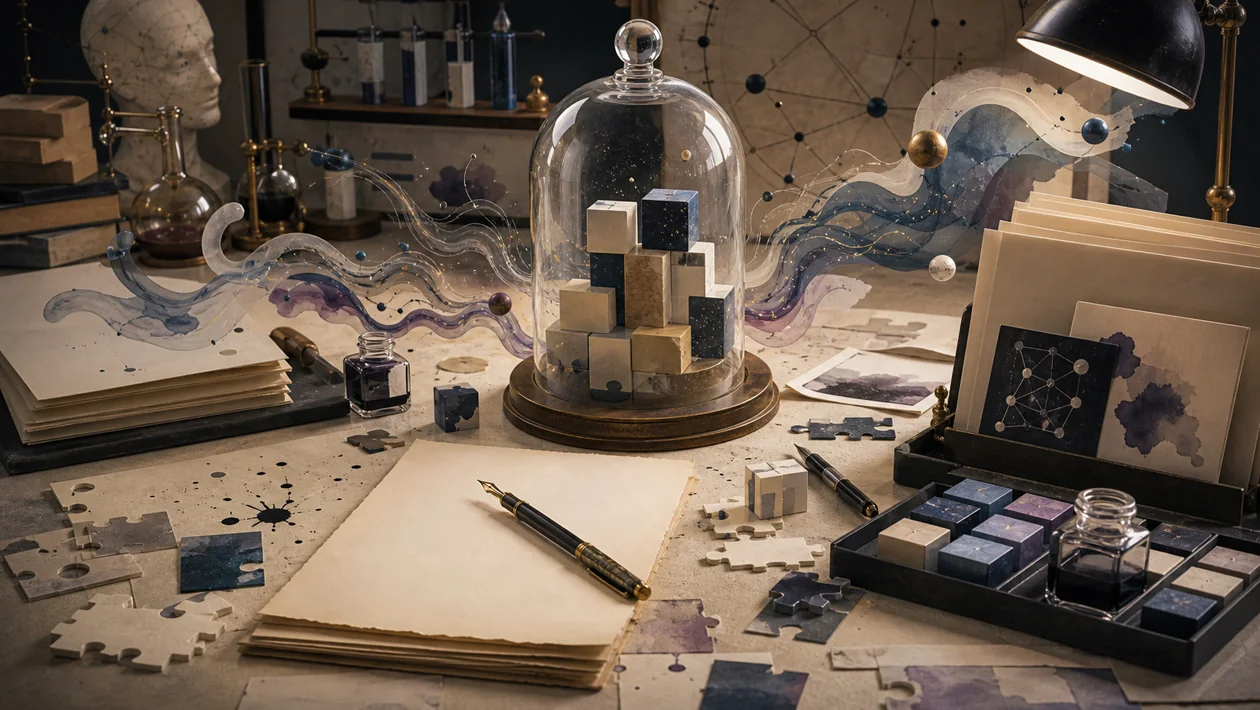 A writing lab where manuscript pages, language blocks, and glowing data paths meet