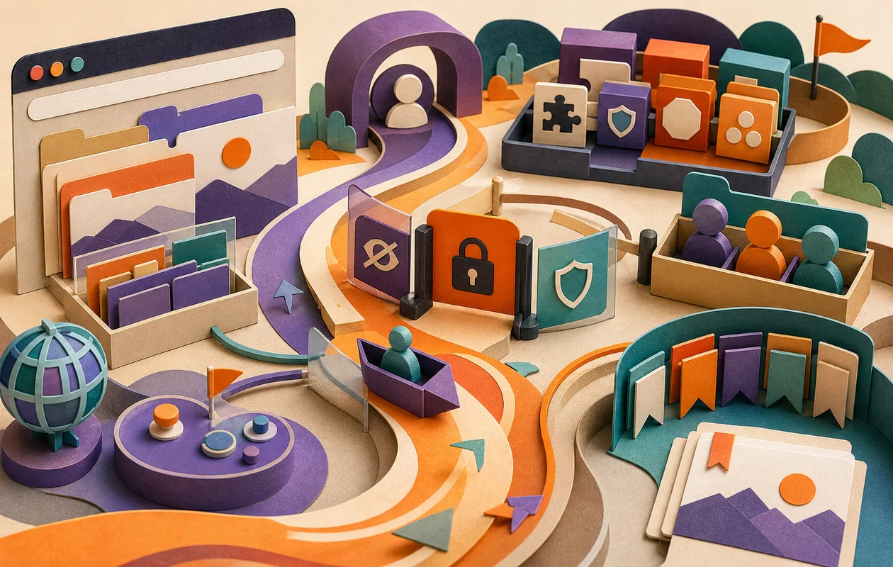 Illustration for Mozilla Firefox: editorial workflow scene for Mozilla Firefox with tool-related work objects