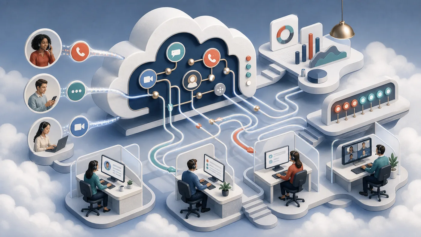 Illustration zu Avaya OneCloud: Cloud-Kommunikation mit Kontaktcenter-Routen und Servicekanalen