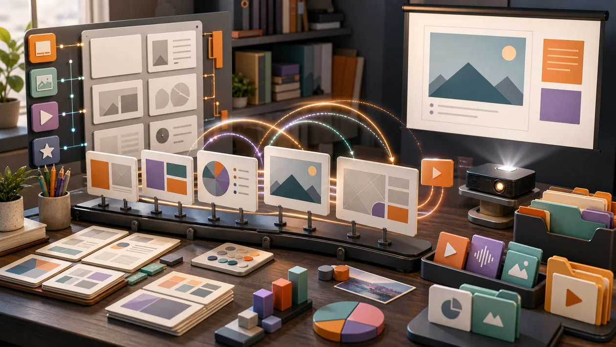 Illustration zu LibreOffice Impress: Folienkarten, Layouts und Medienbausteine werden zu einer Praesentation