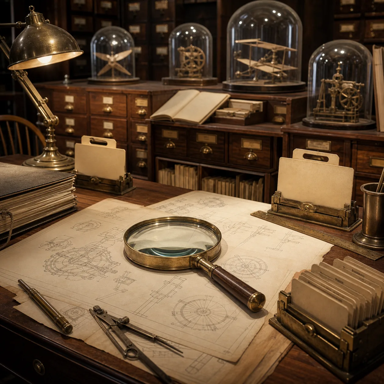 Illustration for Google Patents: patent archive with magnifier, blueprints, and invention models