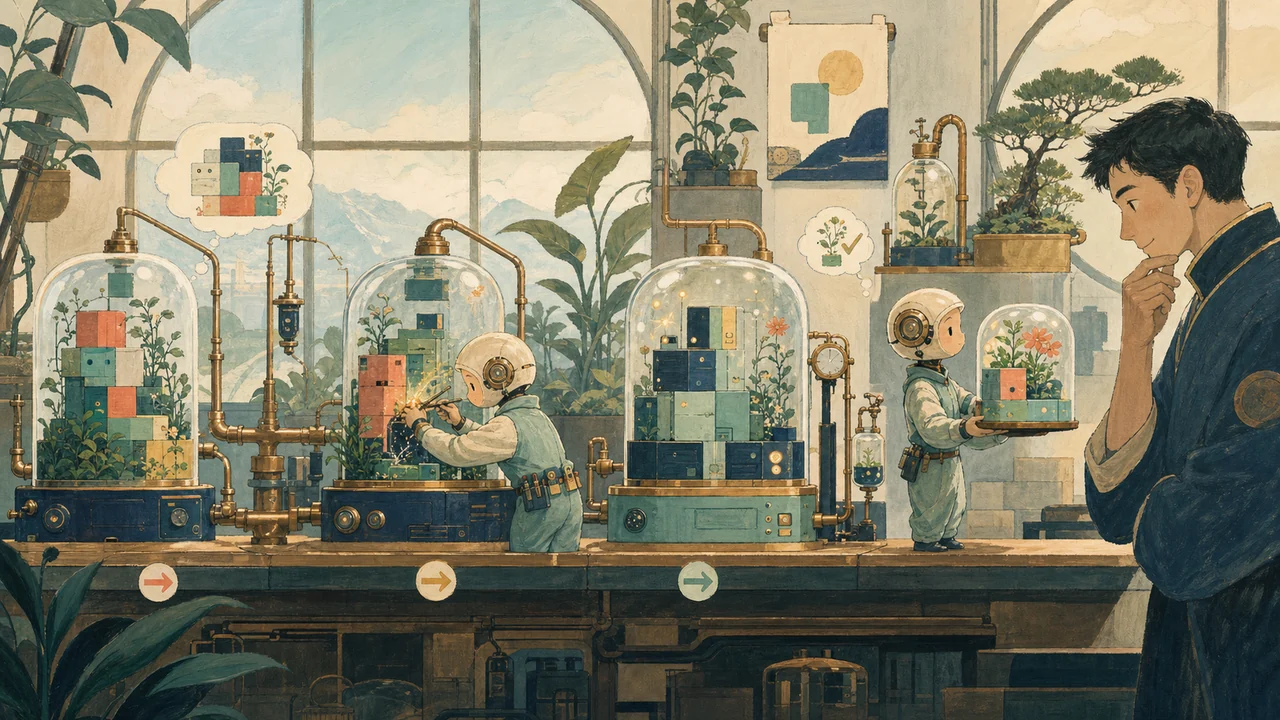 Illustration zu Google Jules: Ein autonomer Mechaniker pflegt und prüft Softwaremodule in einer gläsernen Werkstatt