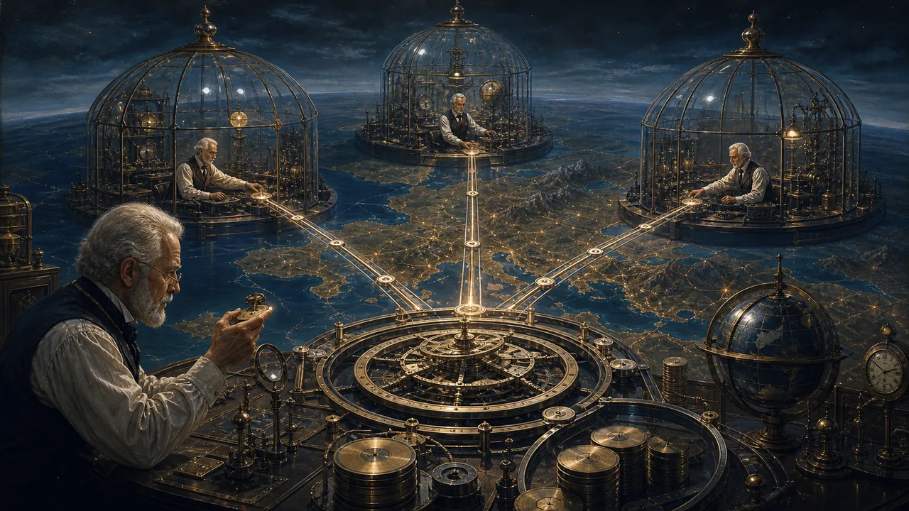 Engineers coordinate distributed data nodes across a nighttime infrastructure