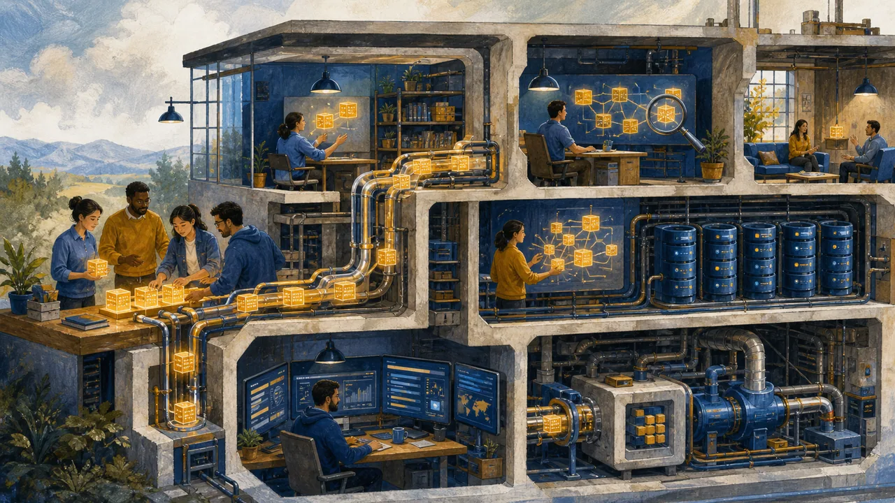 A team monitors a distributed data platform in a multi-level workshop