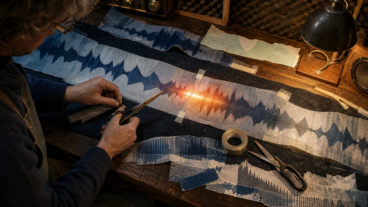Audio waveform being repaired by hand at an editing bench
