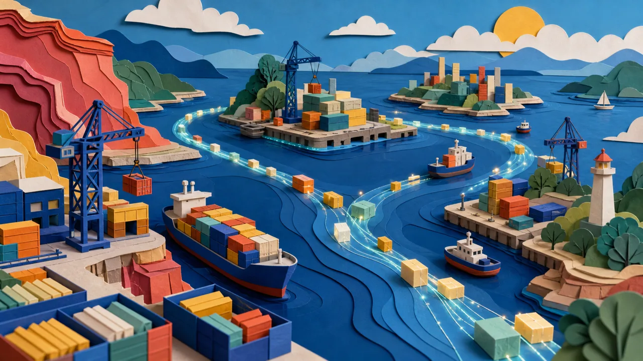 a paper-cut harbor with data cargo routes between islands