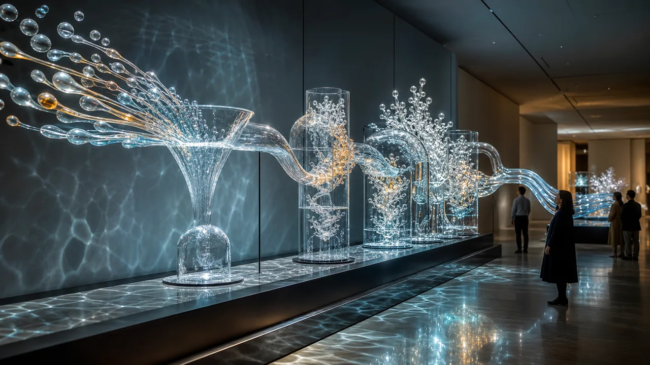 a glass sculpture of a streaming pipeline in a museum