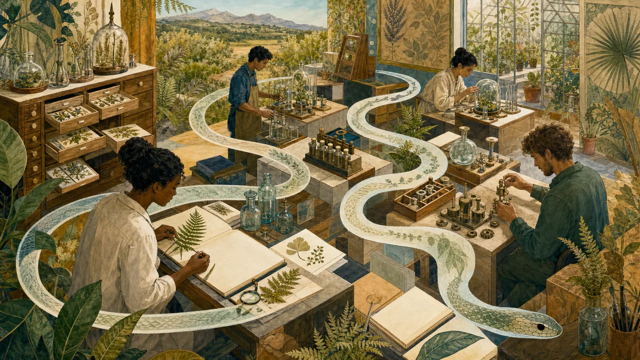 Natural-history workshop linked by a graceful serpent path