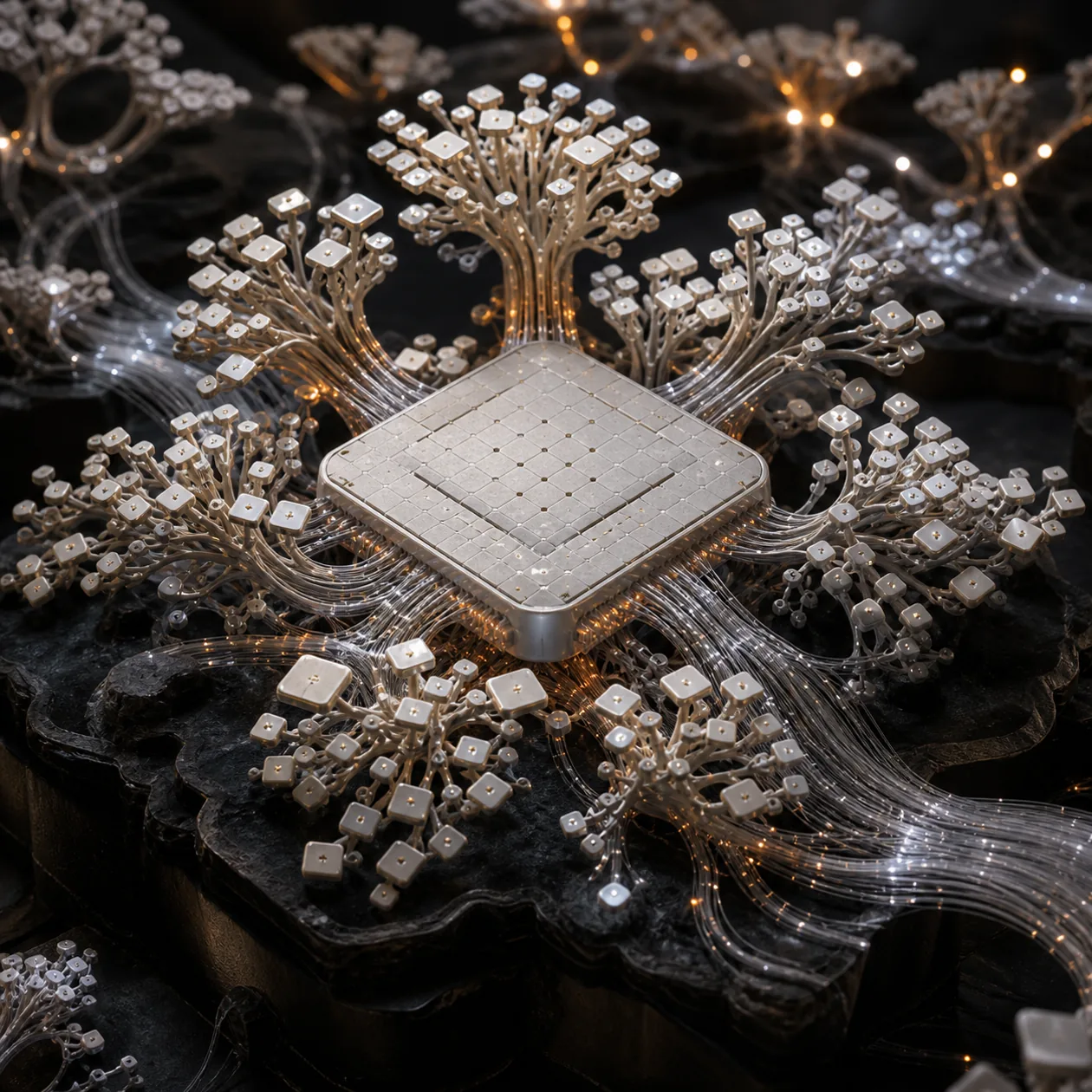 Abstract processor tiles connected by light paths to represent an IPU compute pipeline