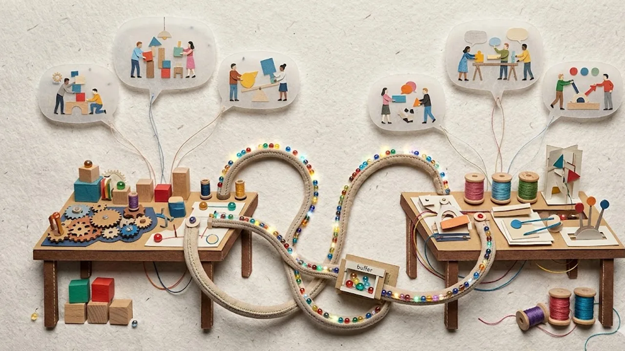 Illustration zu Socket.IO: zwei Werkbänke tauschen leuchtende Signale über flexible Echtzeit-Leitungen aus