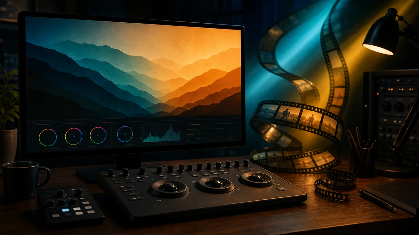 Illustration for DaVinci Resolve: color grading suite with film strip and cinematic light